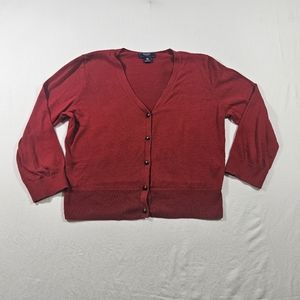 Chaps Cardigan Cropped Cotton Womens Red Button Up Quarter Sleeve V-Neck Sweater